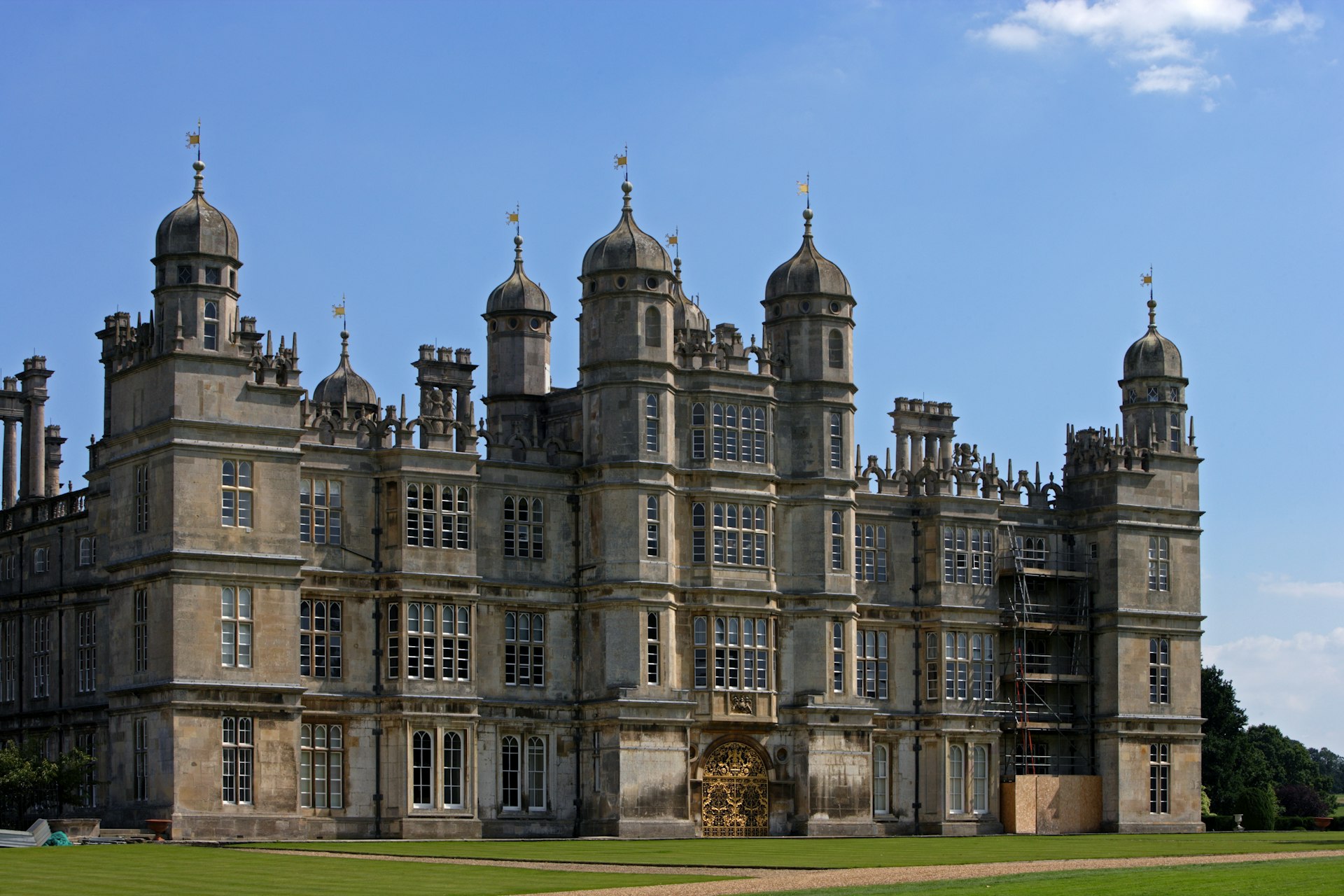 West facade of Burghley House (16th century), Elizabethan style, Built by William Cecil, Stamford, Lincolnshire, United Kingdom