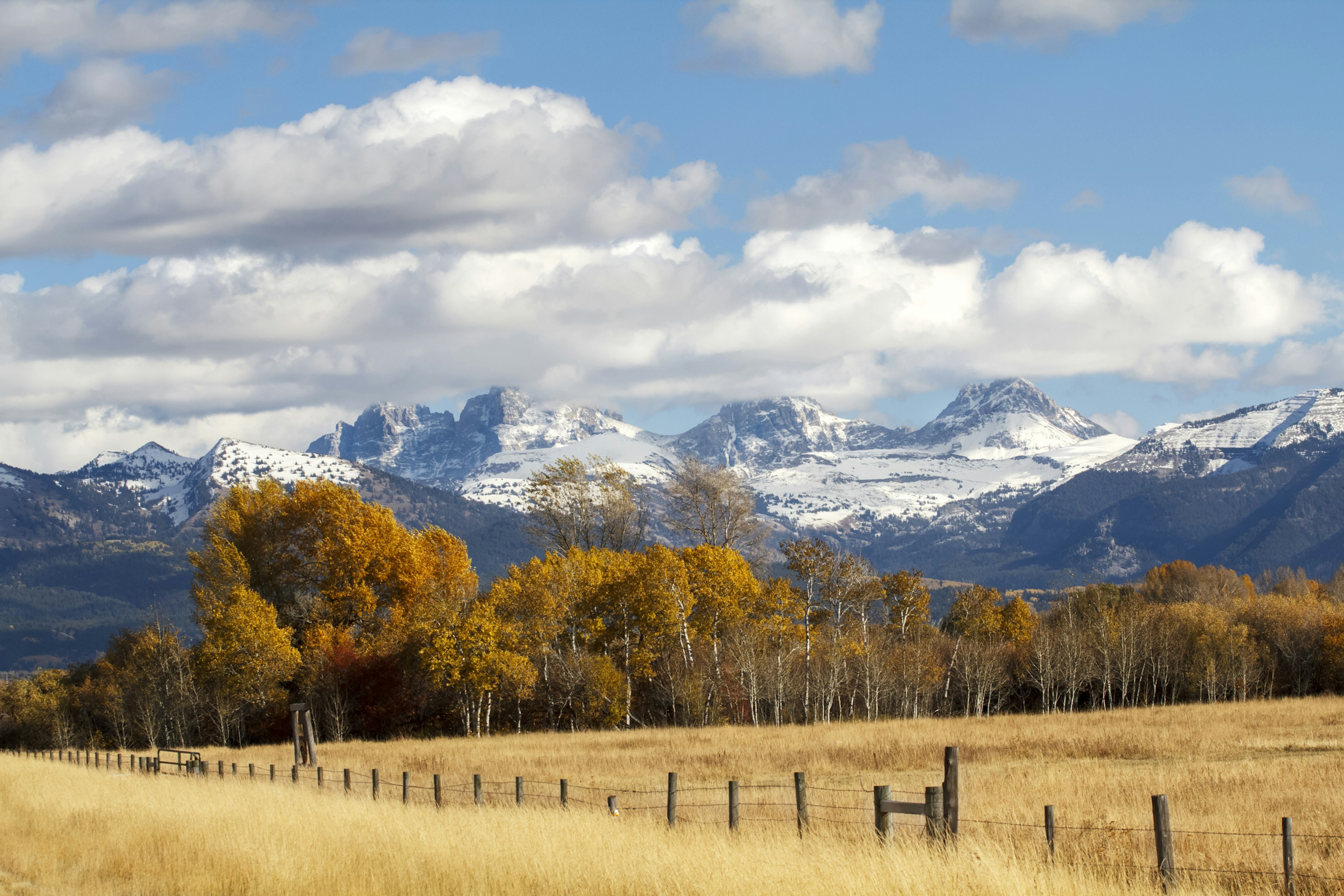 Scenic view of Teton Range rising above farmland, Driggs, Idaho, USA