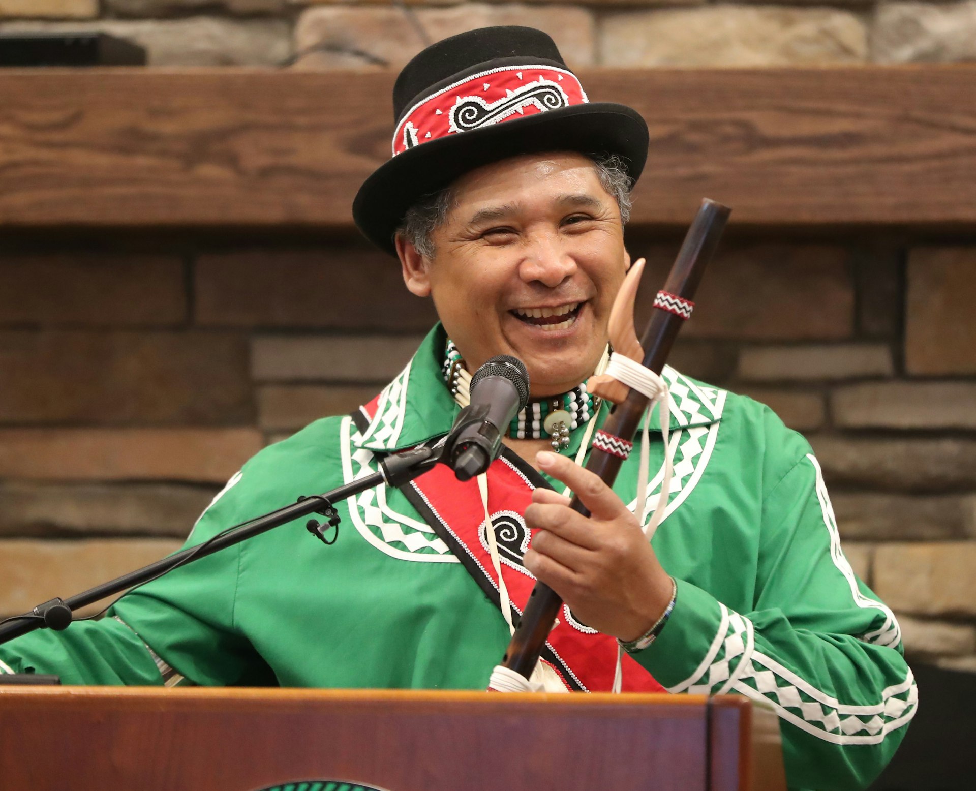 Choctaw flute maker Pesley Byington talks about a bamboo flute he made for Taoiseach Leo Varadkar at the Choctaw tribal council in the Main Hall in Oaklahoma on day two of his week long visit to the United States of America.