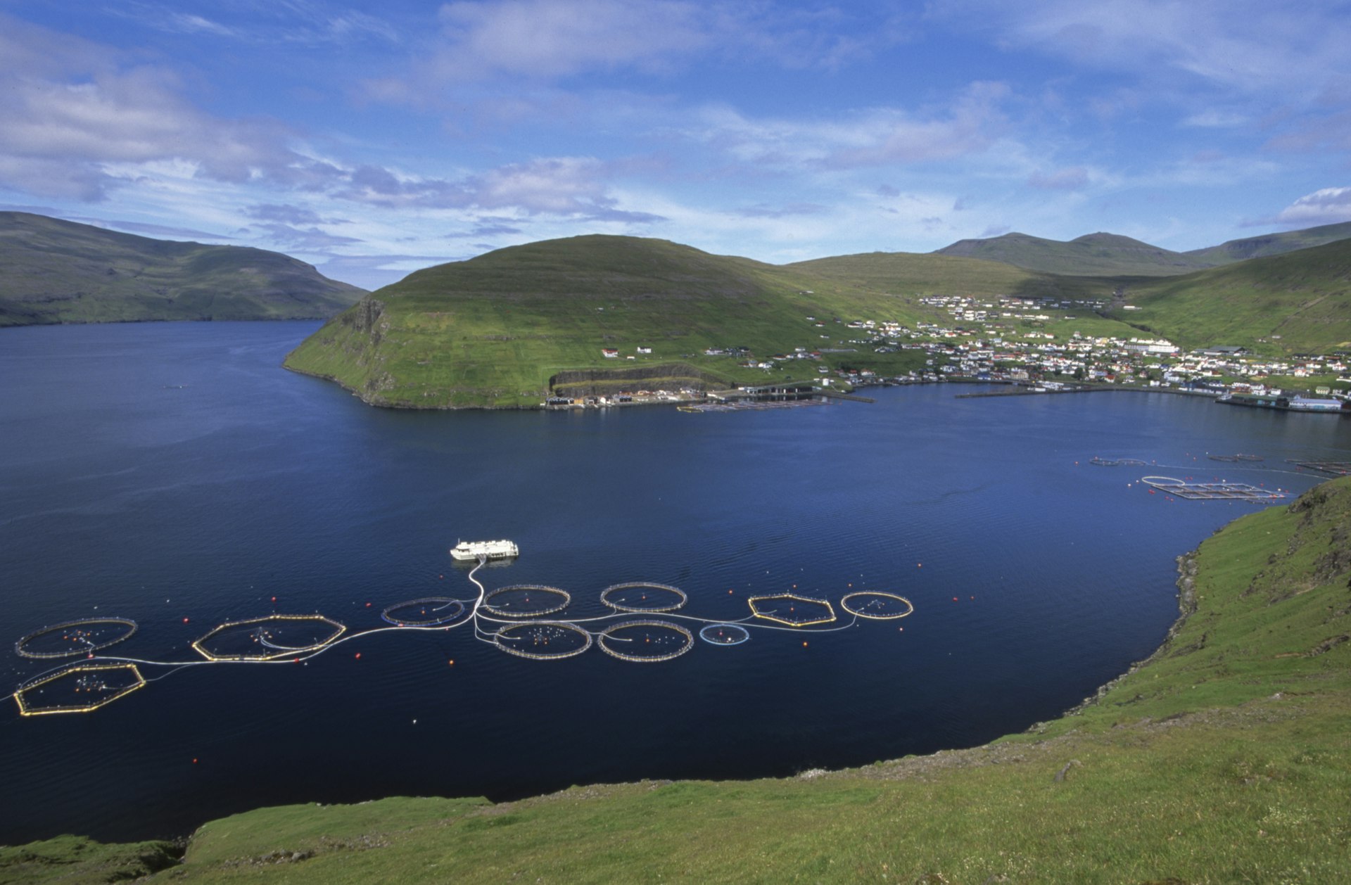 A salmon farm on Vestmanna Bay in the Faroe Islands off the coast of Streymoy