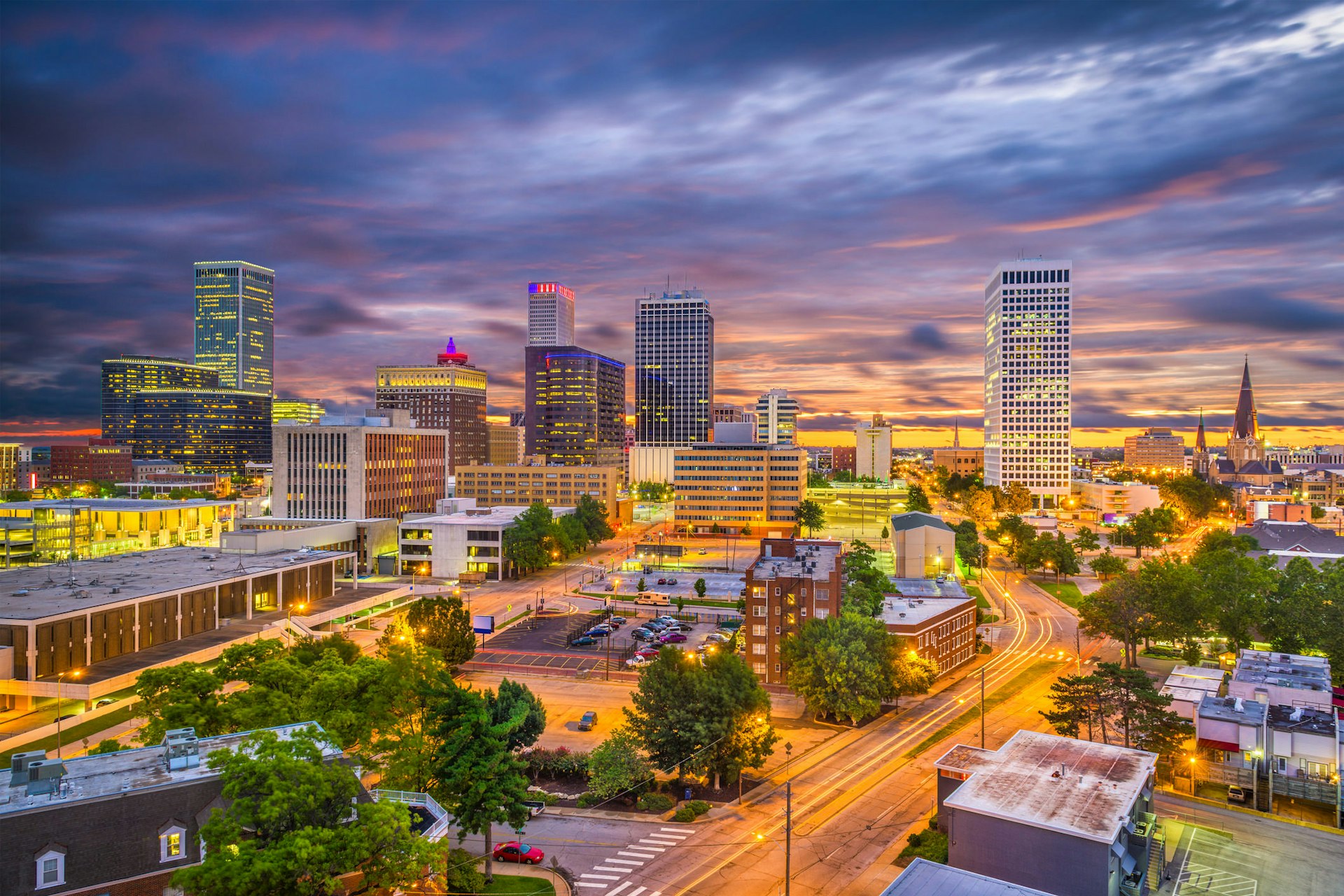 Tulsa city skyline during twilight