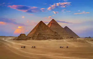 Pyramids of Giza during sunset.