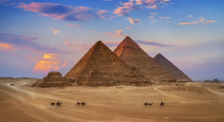 Pyramids of Giza during sunset.