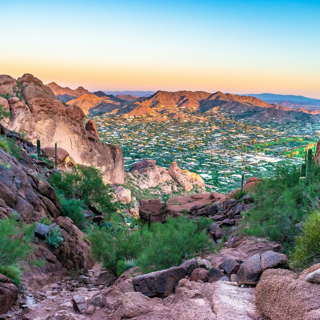 Colourful sunrise on Camelback Mountain in Phoenix, Arizona.