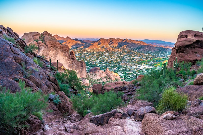 Colourful sunrise on Camelback Mountain in Phoenix, Arizona.