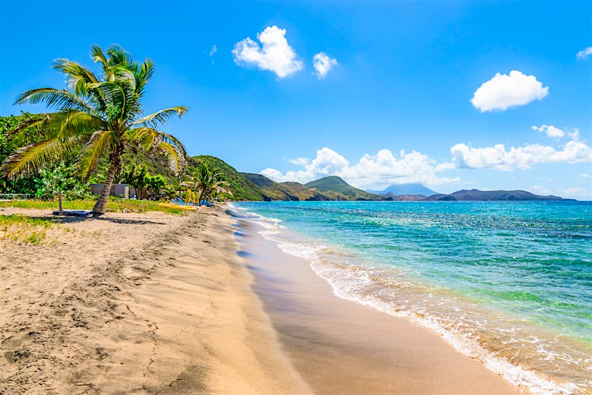 White sandy beach with palm trees, blue sky and white clouds in Saint Kitts.