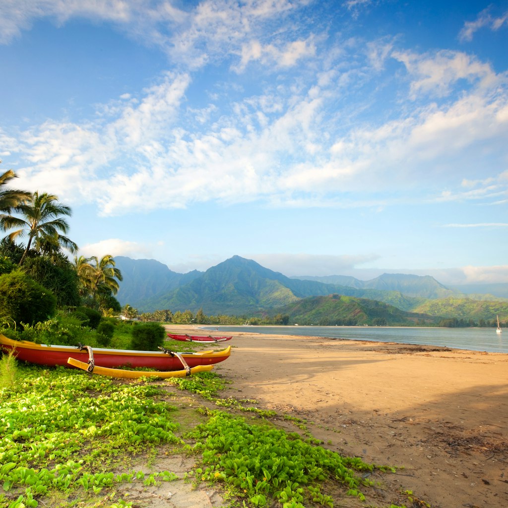 Outrigger canoe near the beach of Hanalei Bay just after sunrise.