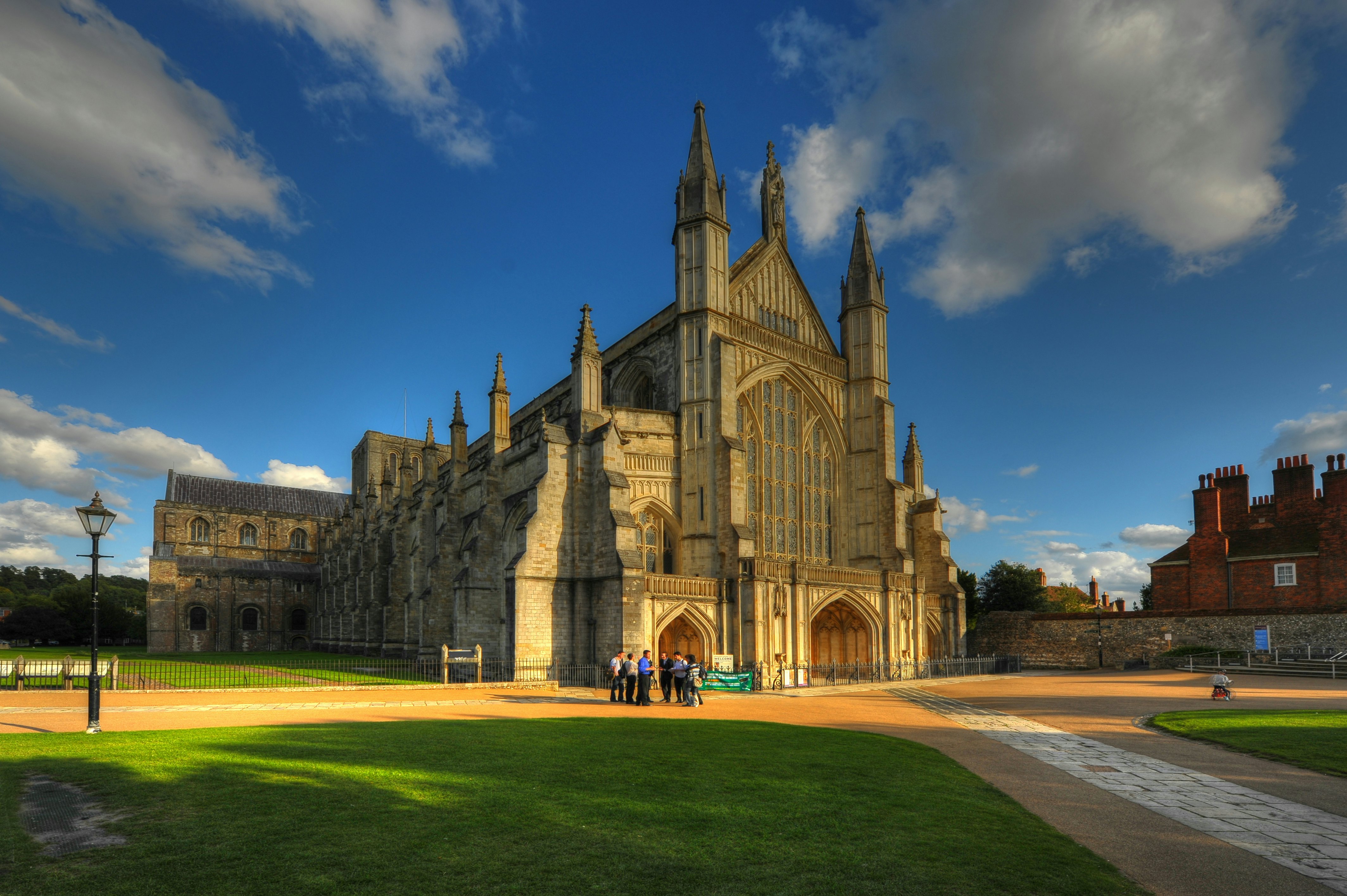 Sun shining on the exterior of Winchester Cathedral.