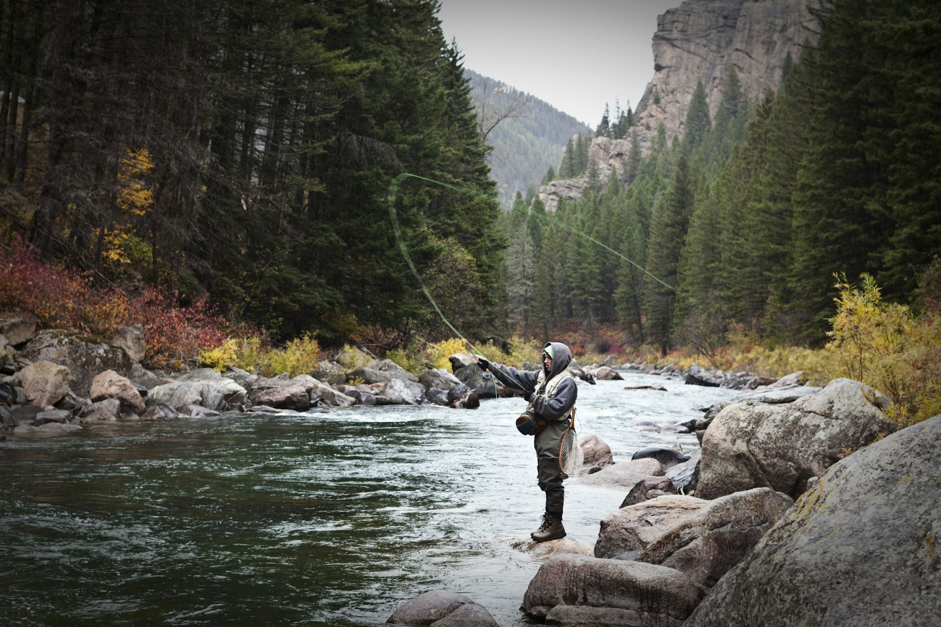 Man fly fishing on the banks of river surrounded by fall colours in Montana