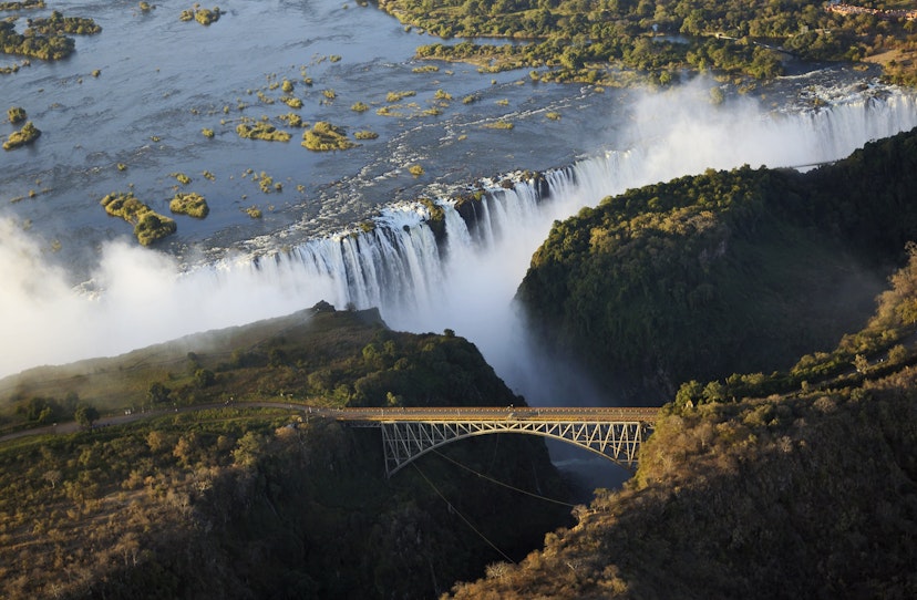 Panoramic view of Victoria Falls and the old bridge