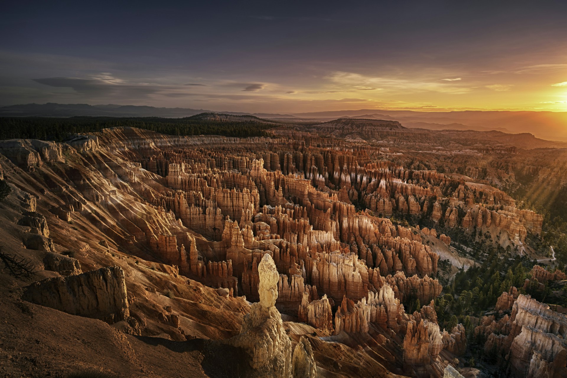 Sunrise over the amphitheater at Bryce Canyon, as seen from Inspiration Point. 