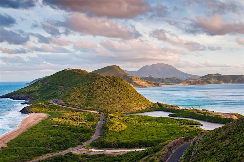 A view of Nevis island Wide shot of the lush green island of Nevis