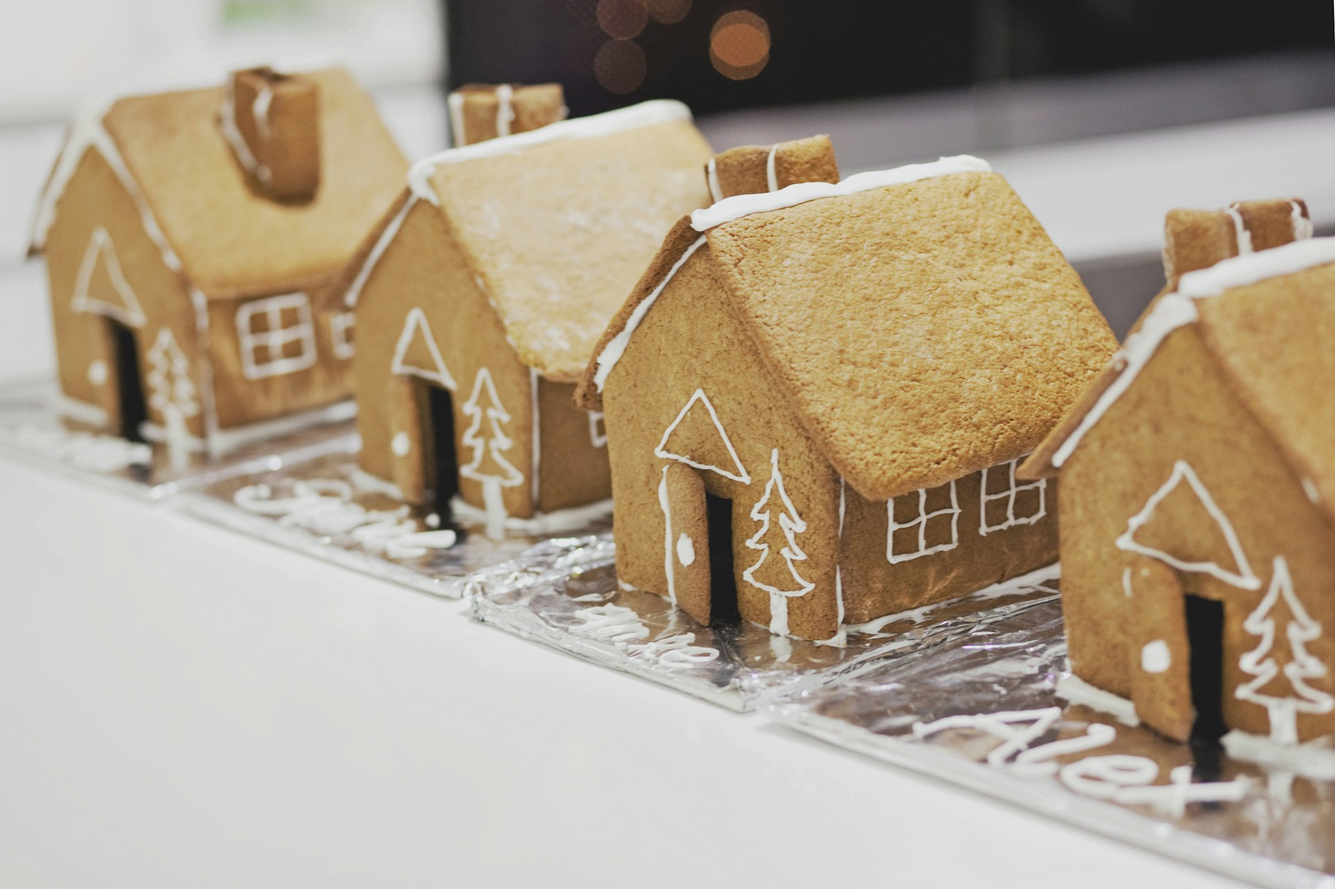 Closeup of four Gingerbread houses