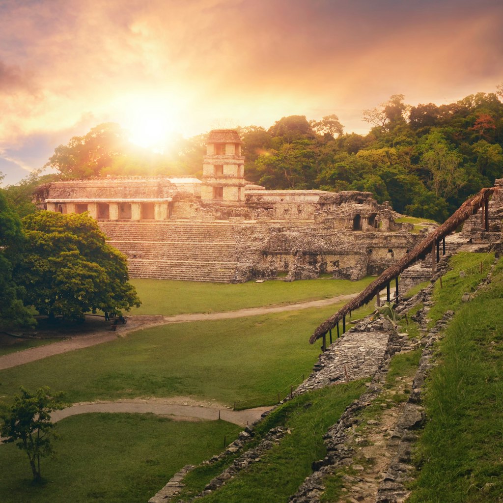 Panorama of the Temple of the Inscriptions and the Palace of the Observatory Tower in the ancient Mayan city of Palenque.