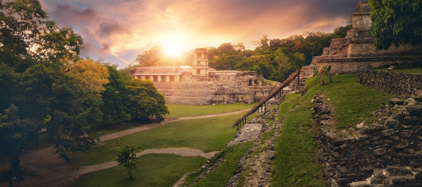 Panorama of the Temple of the Inscriptions and the Palace of the Observatory Tower in the ancient Mayan city of Palenque.