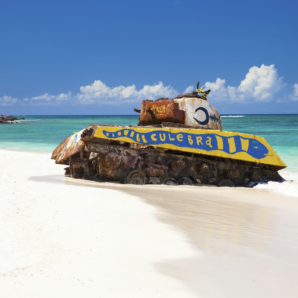 Old, rusted and deserted US army tank on Flamenco Beach in Culebra Island near Puerto Rico