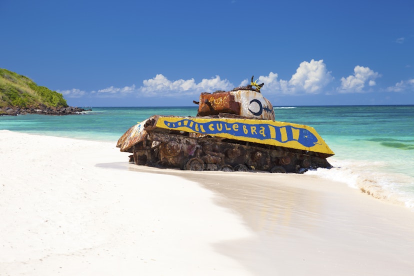 Old, rusted and deserted US army tank on Flamenco Beach in Culebra Island near Puerto Rico