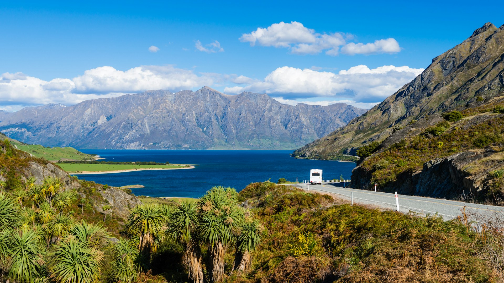 A campervan on the road in scenic New Zealand