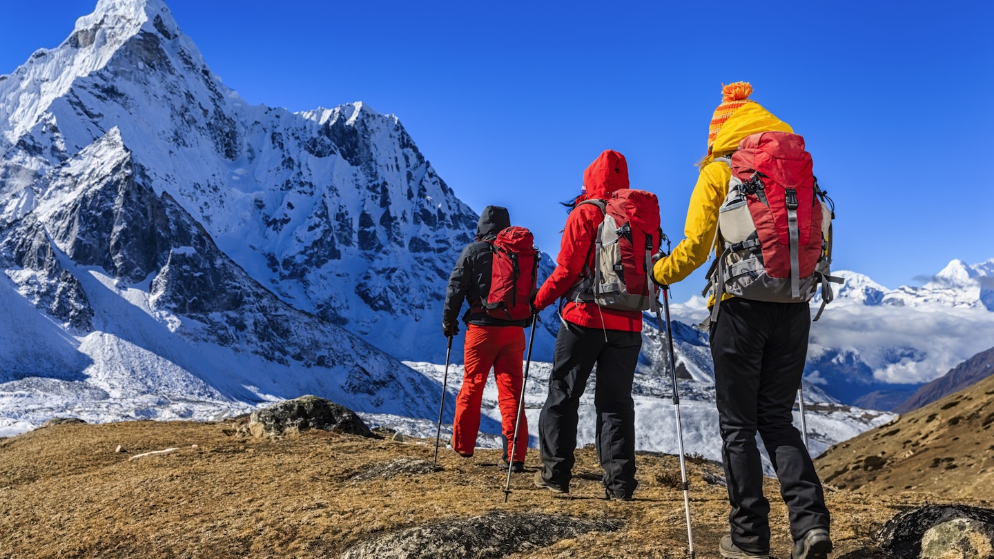 Group of 3 trekkers in Mount Everest National Park, Nepal