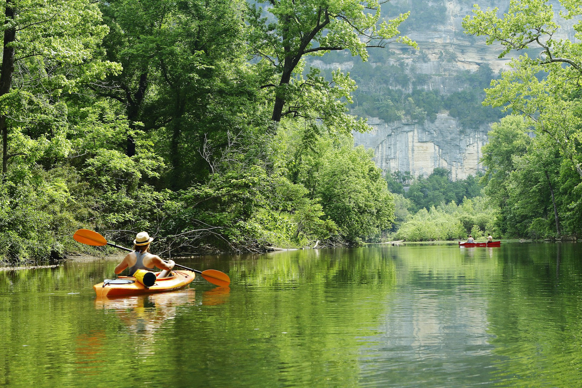 Kayakers and canoers on the Buffalo National River in Arkansas, as seen from Steel Creek Campground