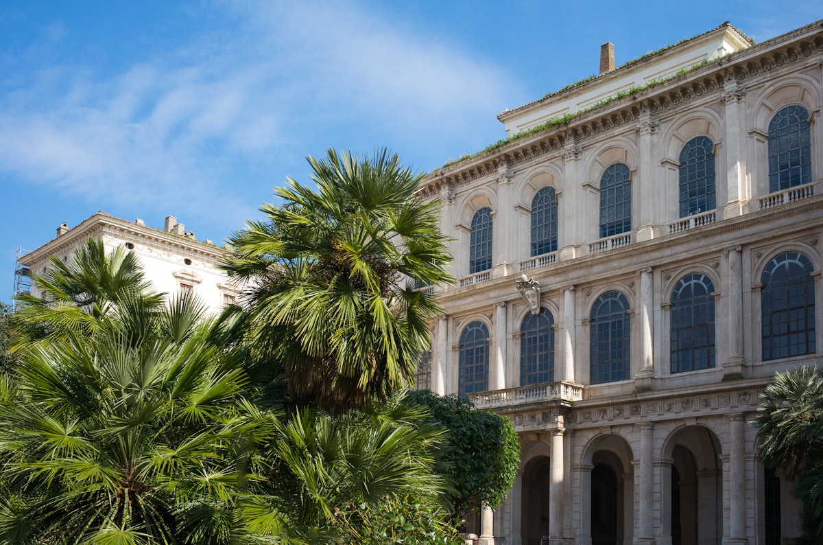 Rome, Italy - March 10, 2014: The  Palazzo Barberini facade seen from the entrance garden