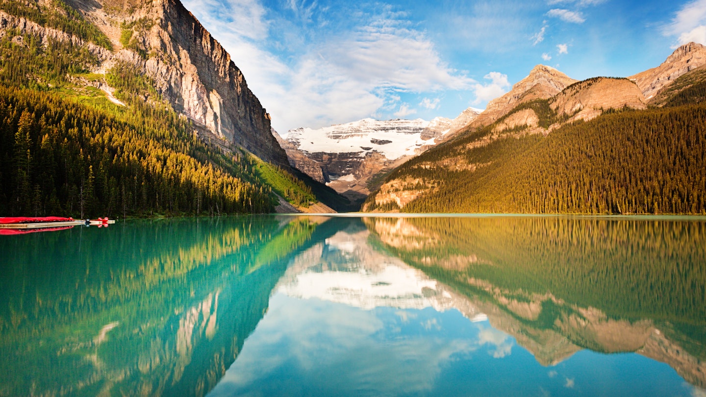 Lake Louise in the Banff National Park of Canada, with its emerald water and mountain range of the Canadian Rockies.