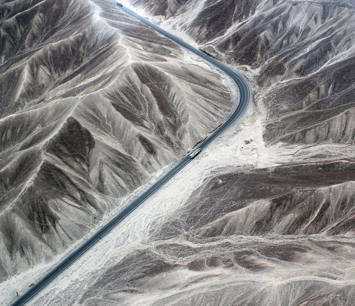 Aerial of the Pan-American highway and the Nazca desert in Peru.