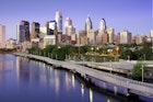 Schuylkill River and Philadelphia city during the evening, as seen from South Street Bridge.