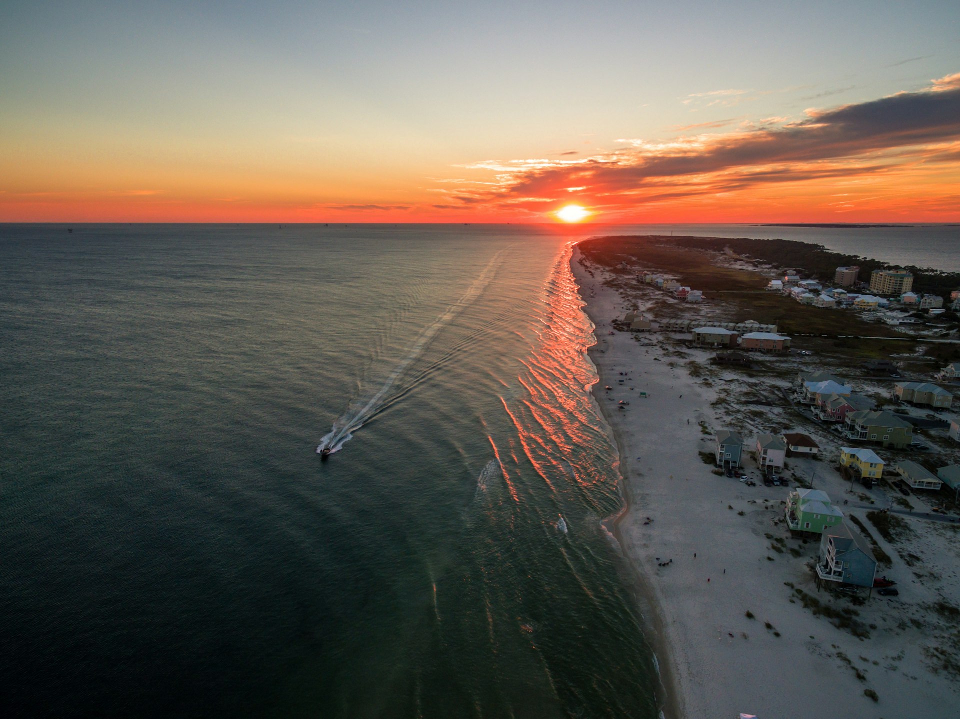 Aerial/Drone Photo of a beautiful sunset over Gulf Shores Alabama