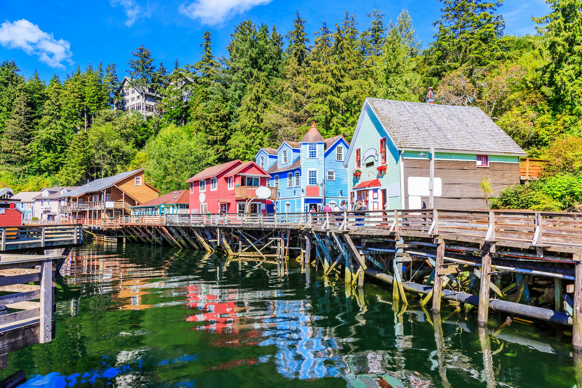 A row of brightly painted houses in Ketchikan, Alaska.