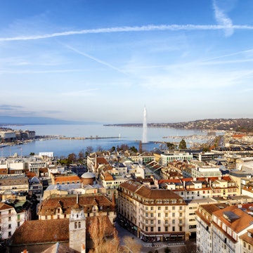 Aerial view of Geneva, Lake Geneva with famous fountain Jet d´Eau are seen in the background, Switzerland, 50 megapixel image.