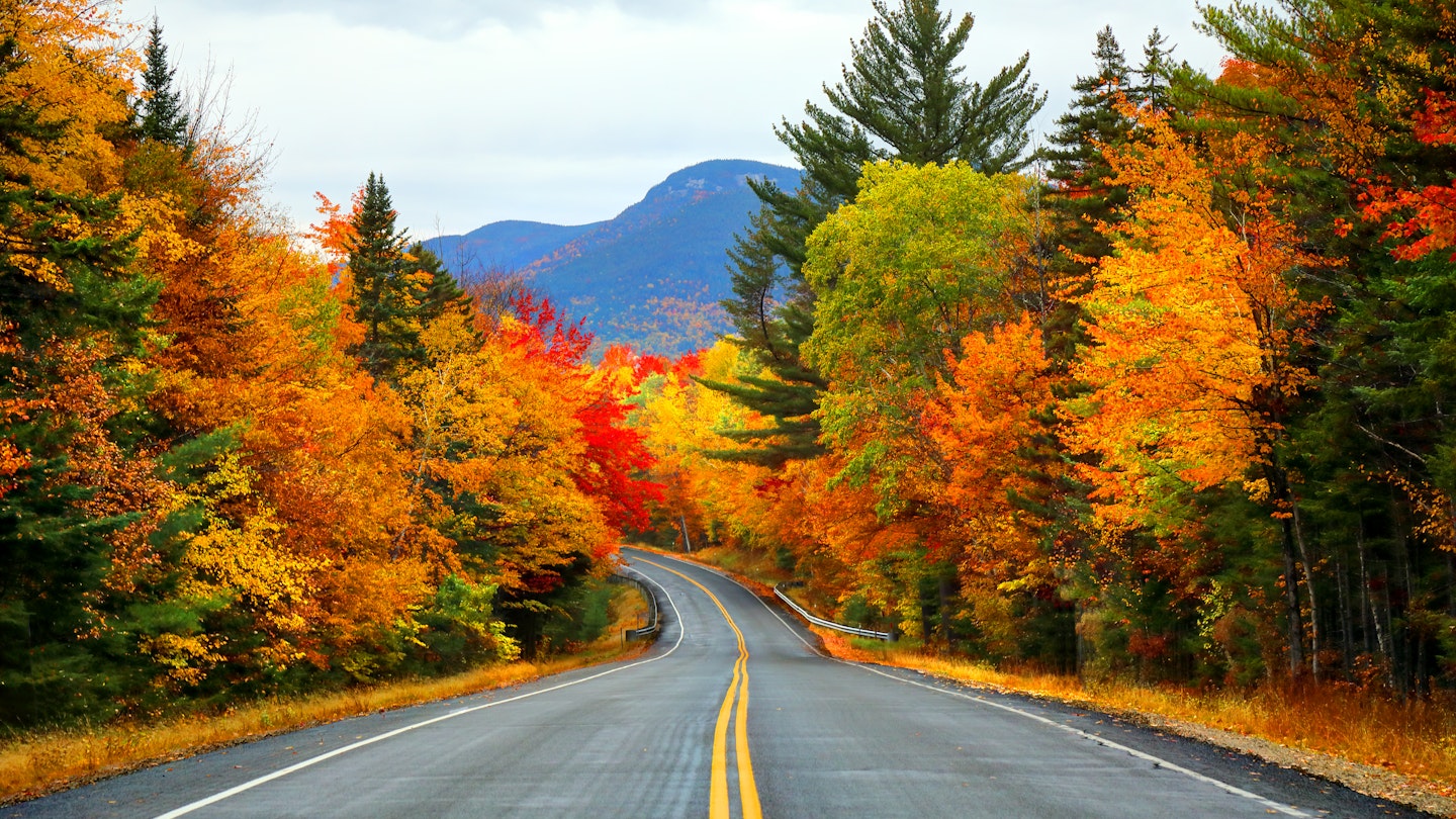 An empty road in the White Mountains of New Hampshire during autumn.