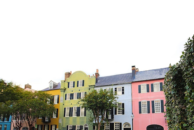 Colourful facades of rainbow row in Charleston.