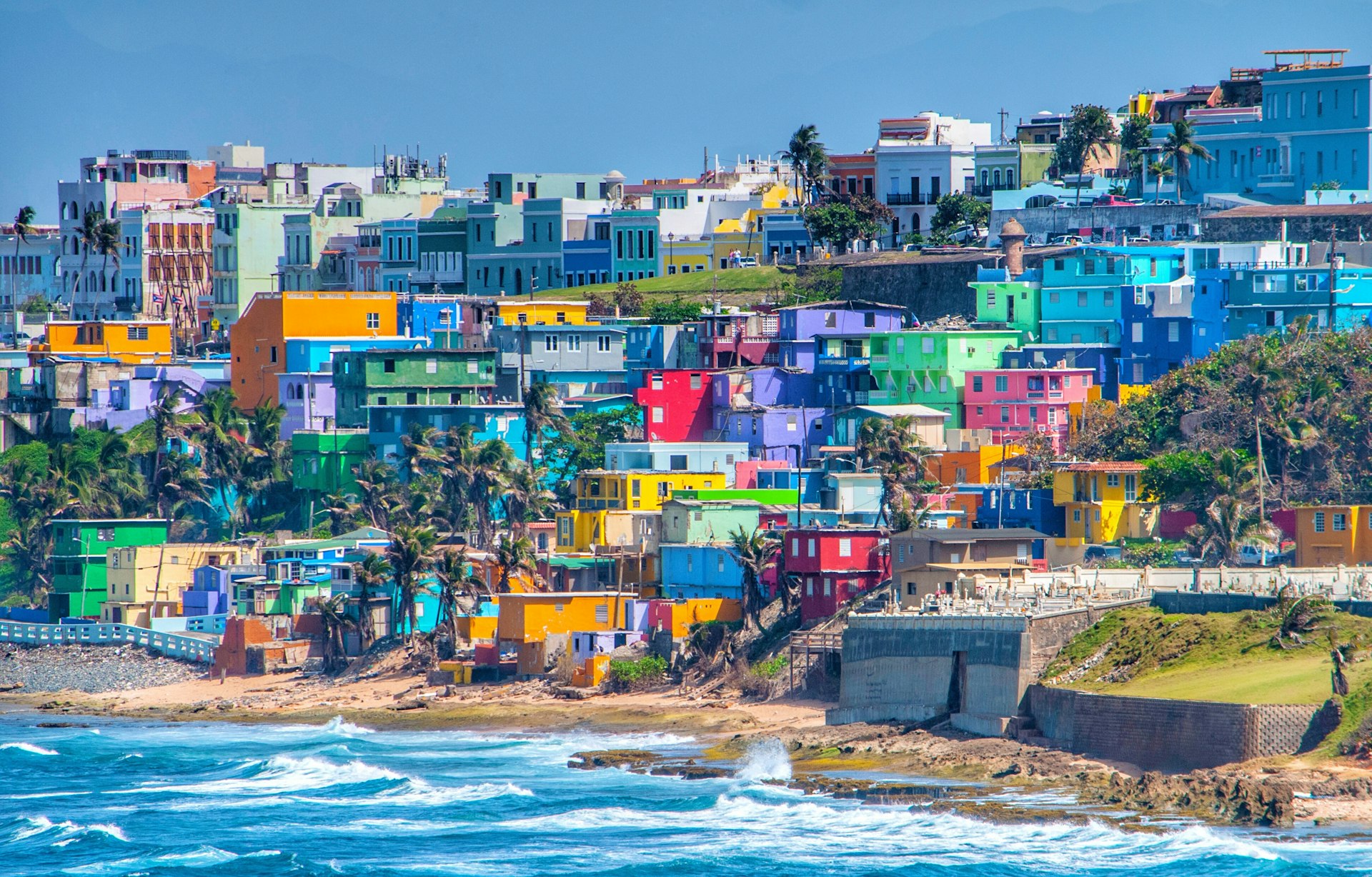 Colourful buildings by sea in San Juan