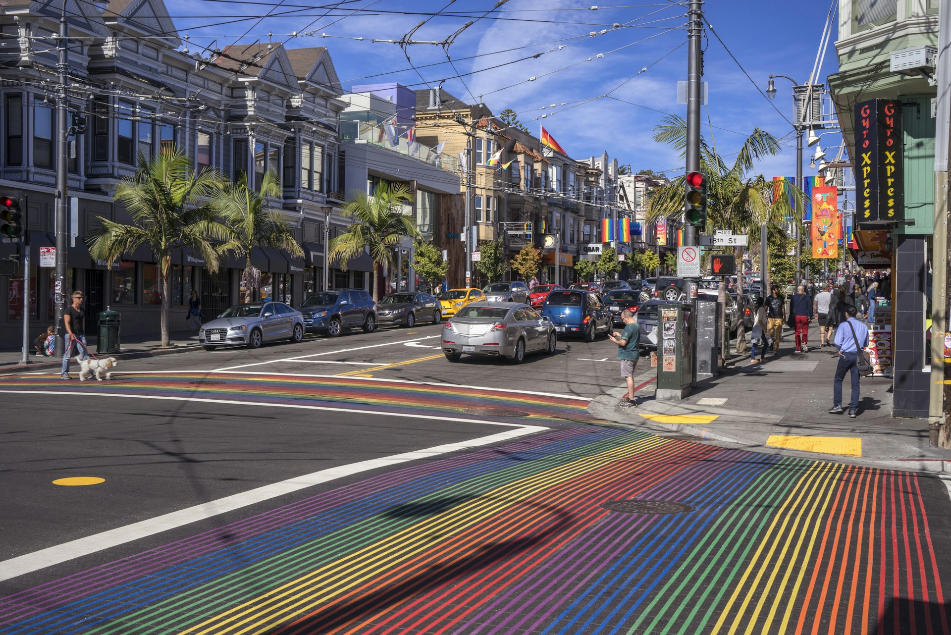 Rainbow pedestrian crossings at the intersection of 18th St and Castro Street, San Francisco