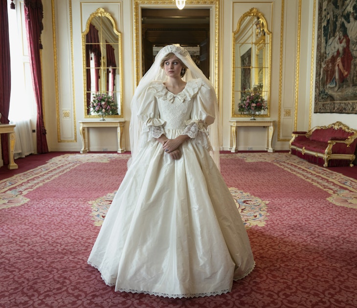 The Crown S4. Picture shows: Princess Diana (EMMA CORRIN).The Crown costume designer wanted to create something that wasn’t an exact replica of Lady Diana’s original dress but which captured the same spirit and style of David & Elizabeth Emanuel’s iconic design.  Amy Roberts, our designer, spoke to David Emanuel in depth about the Emanuel’s original sketches and designs. He was fantastically collaborative and helpful to the design team and talked through the detail of many of the original drawings.