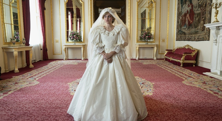 The Crown S4. Picture shows: Princess Diana (EMMA CORRIN).The Crown costume designer wanted to create something that wasn’t an exact replica of Lady Diana’s original dress but which captured the same spirit and style of David & Elizabeth Emanuel’s iconic design.  Amy Roberts, our designer, spoke to David Emanuel in depth about the Emanuel’s original sketches and designs. He was fantastically collaborative and helpful to the design team and talked through the detail of many of the original drawings.