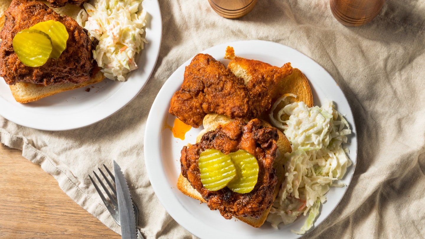 Homemade Nashville Hot Chicken with Bread and PIckles