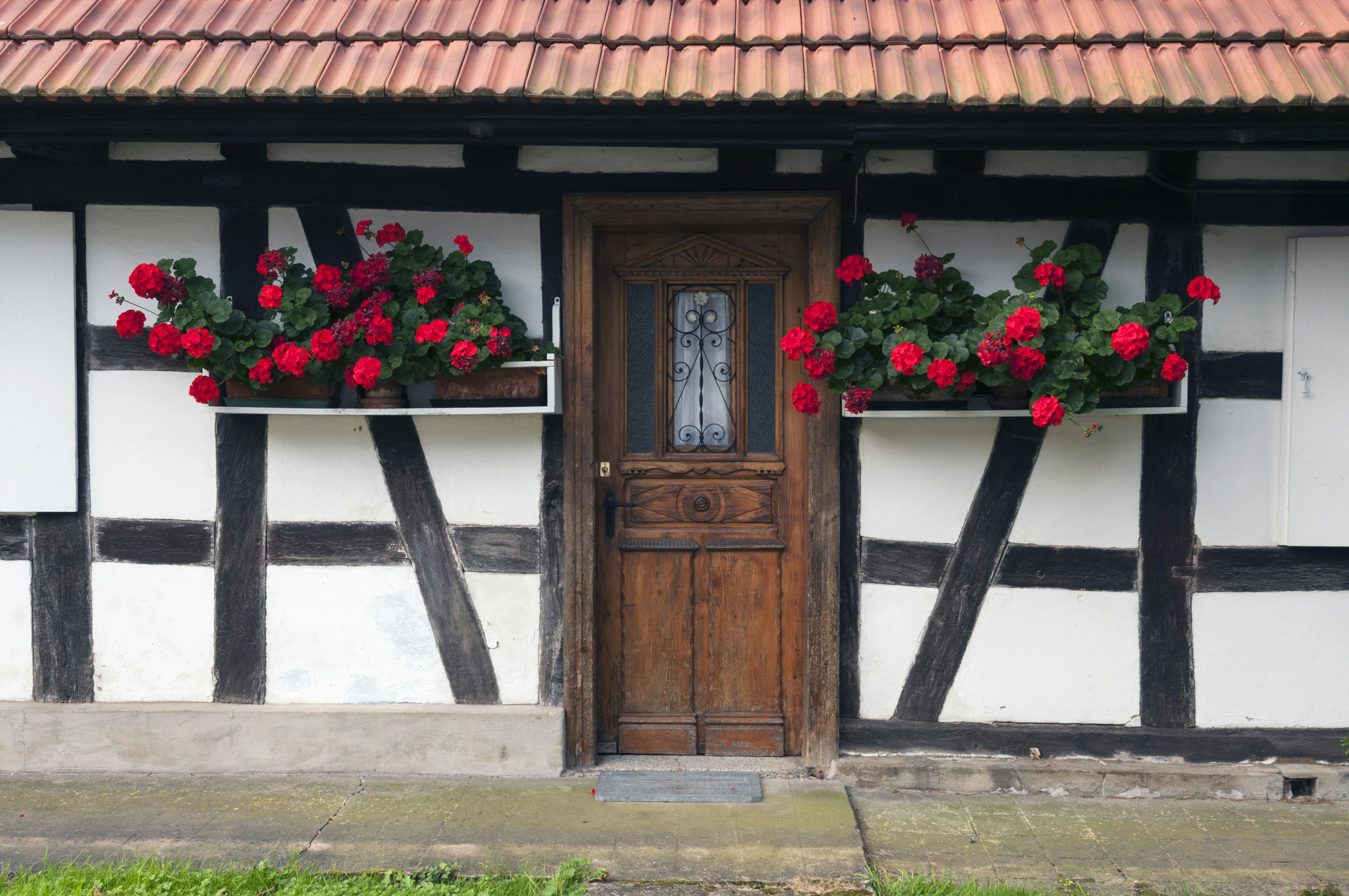 Half-timbered house with flower box windows