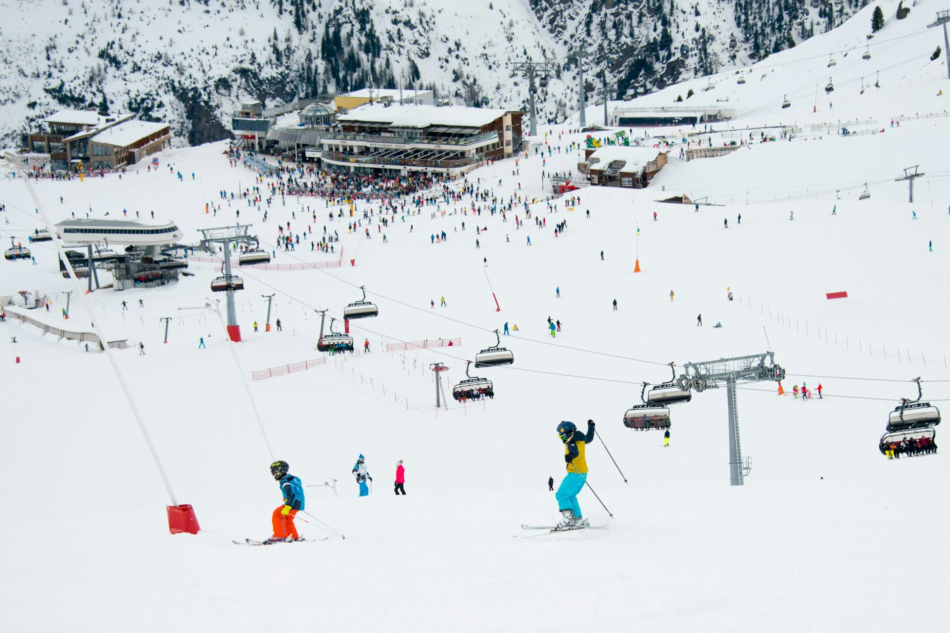 Skiers in the ski resort Ischgl in Austria