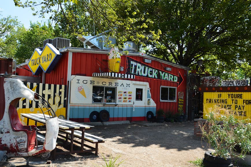 The Truck Yard in the Dallas Lower Greenville neighborhood serves ice cream in the summer in addition to having food trucks and live music in the back