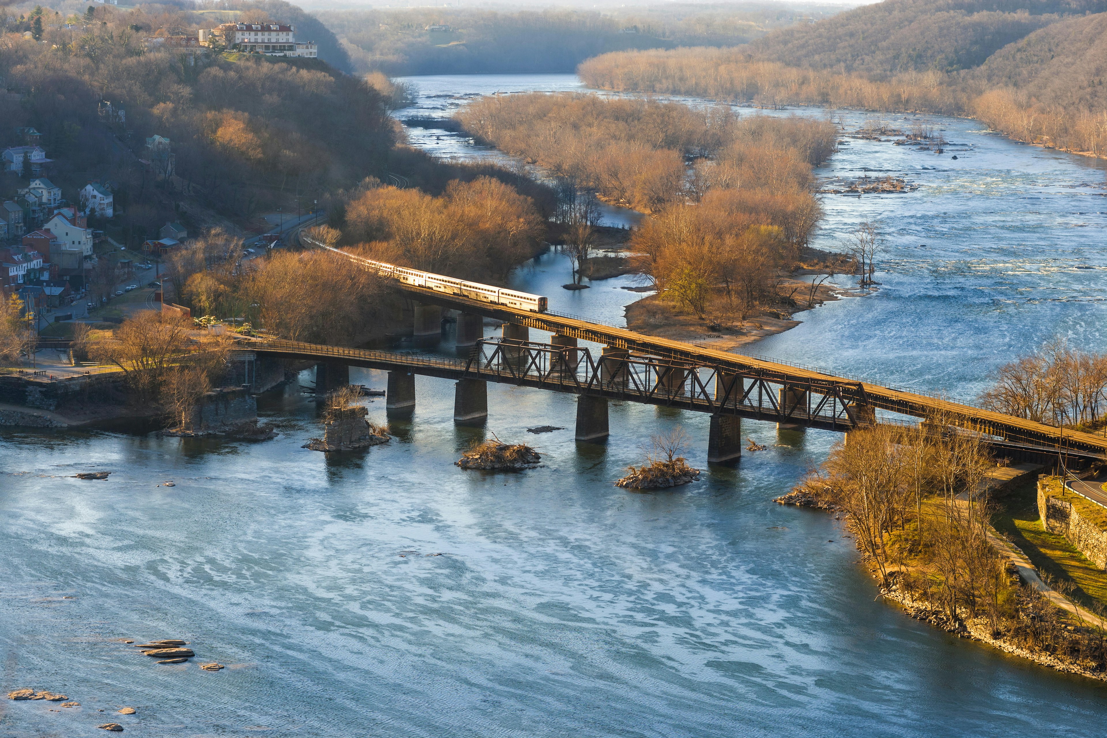 Harpers Ferry. Amtrak Train 29, the Cap, the westbound Capitol Limited at Potomac railroad bridge, waiting to enter Harper's Ferry station.