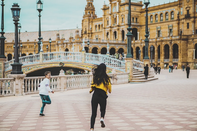 tourists kids running in Espa√±a square,Sevilla