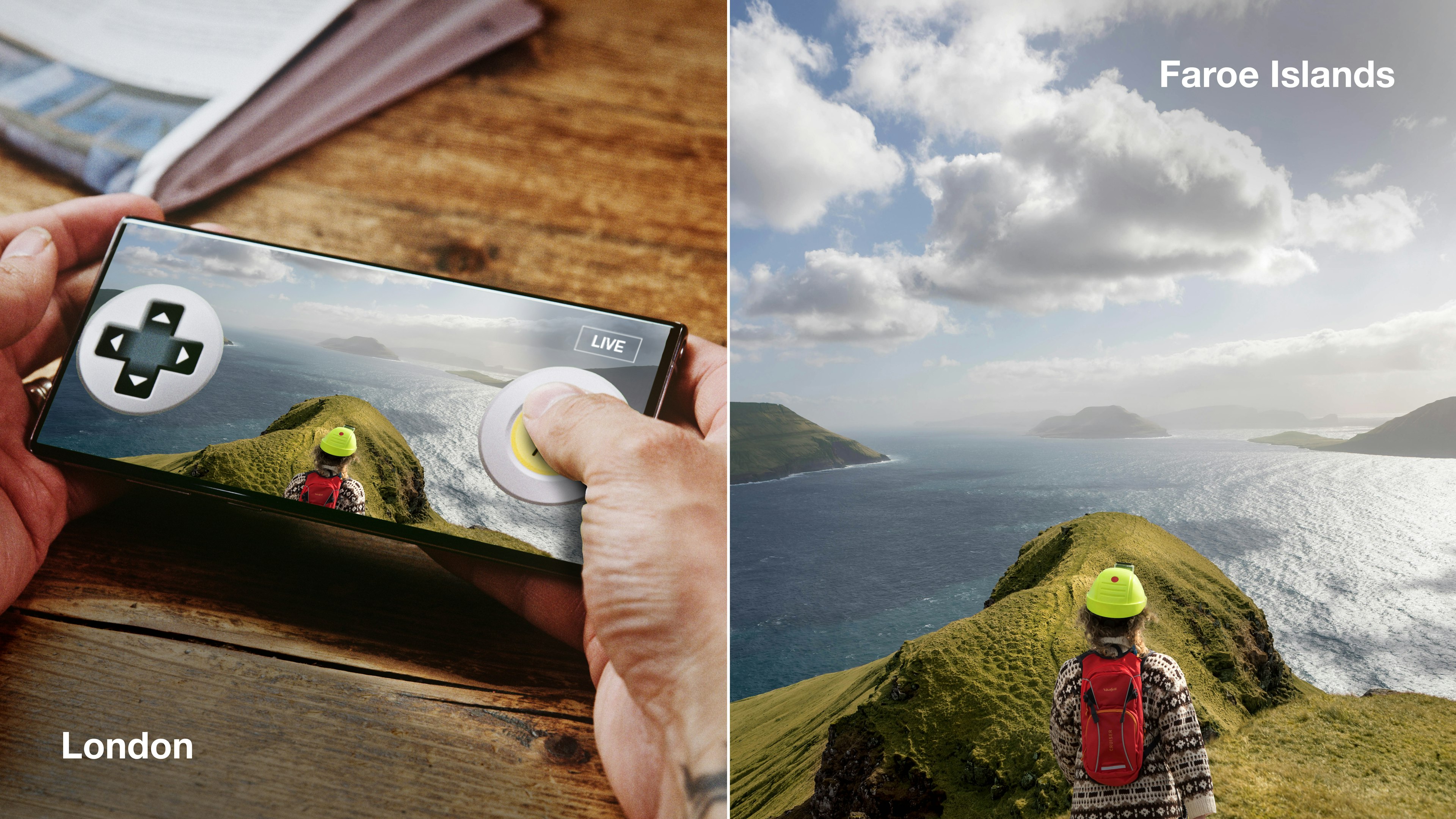 A split screen shows a woman in a field next to someone viewing it on a screen.