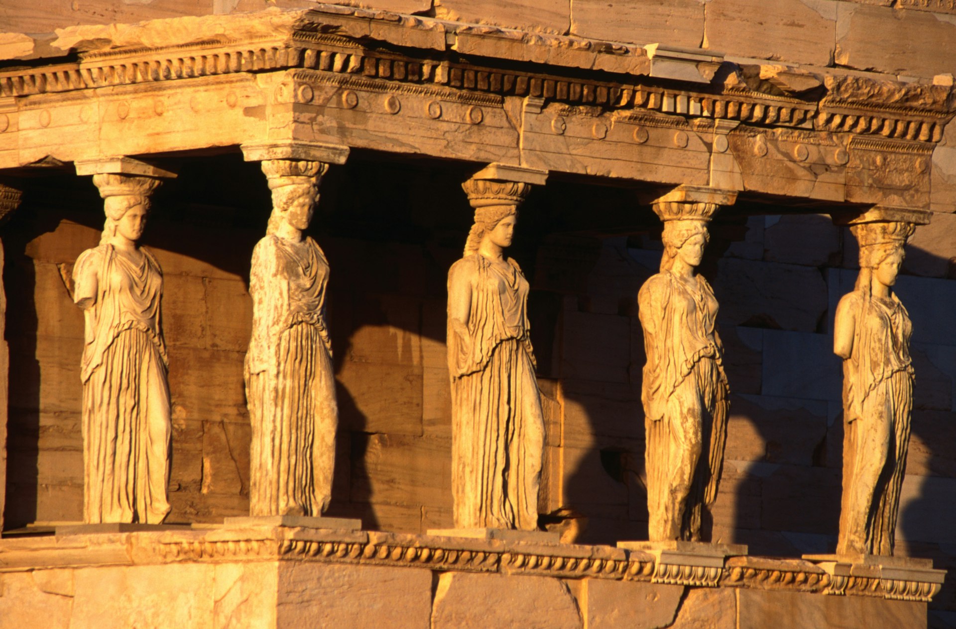 The Porch of the Caryatids, six maidens holding aloft the southern portico of the Erechtheion sanctuary in the Acropolis