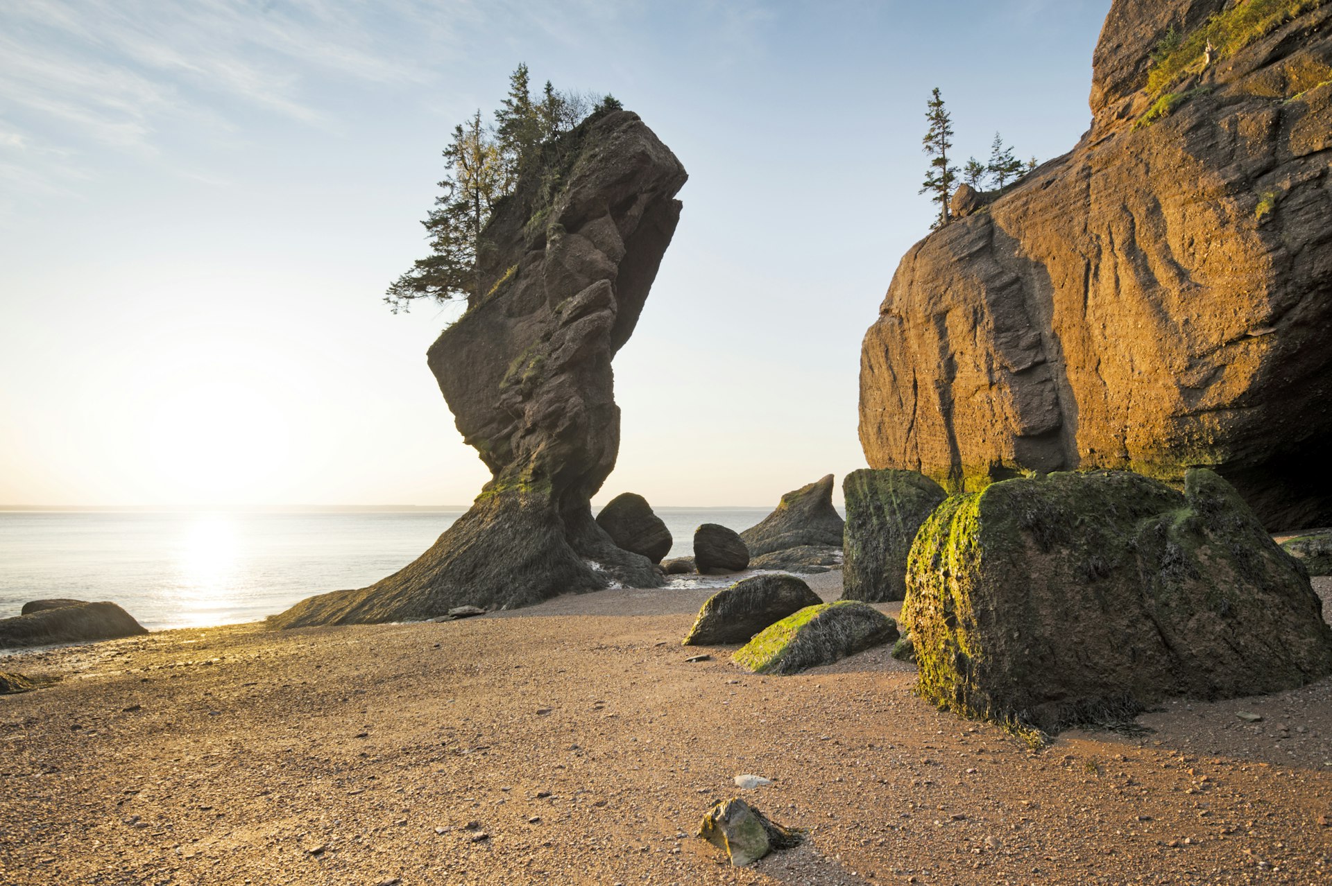 Sea eroded 'flowerpot edifices' stand at low tide at Hopewell Rocks on the Bay of Fundy, Canada.