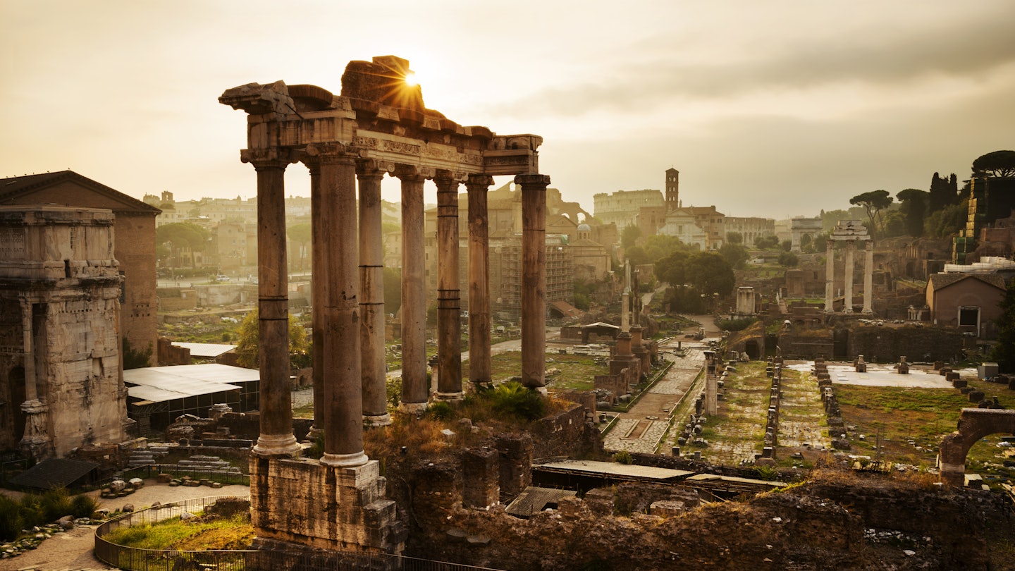 Front portico of Temple of Saturn at foot of Capitoline Hill in western end of Roman Forum.