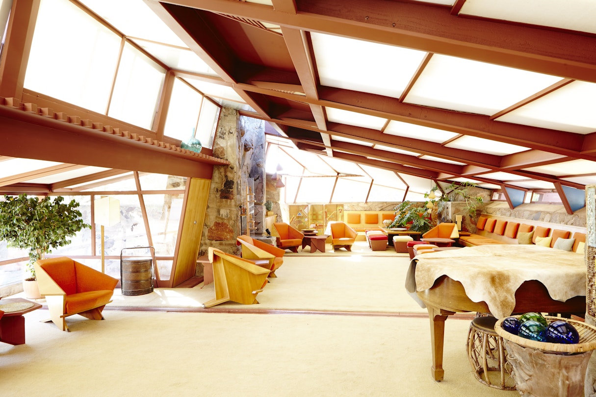 Frank Lloyd Wright designed living room of his Talisein West home.