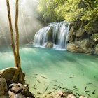 Fish swim in the aqua pool of a waterfall in the Erawan National Park.