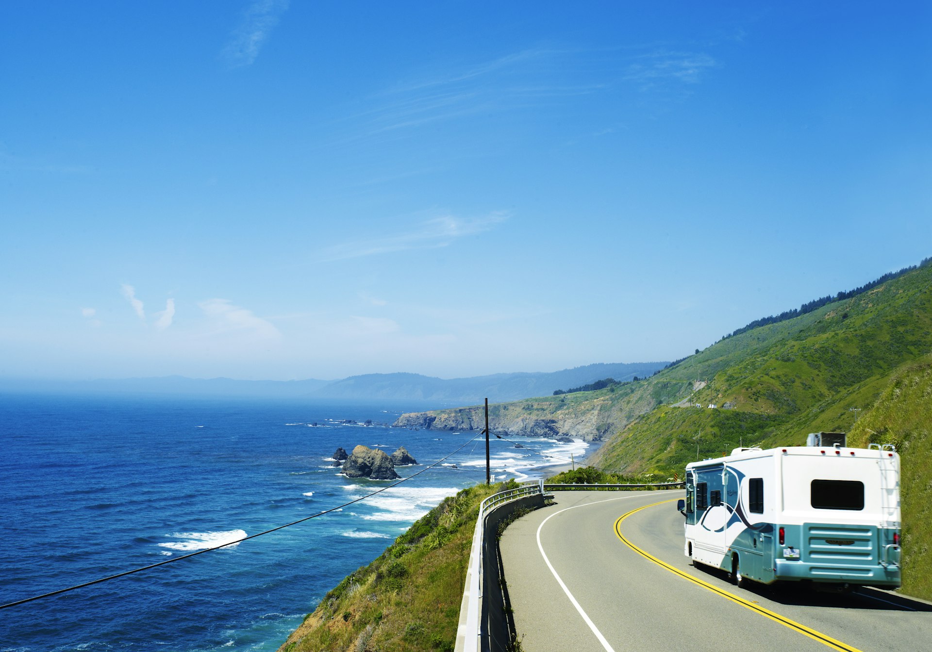 RV driving along the Sonoma-Mendocino coastal route.